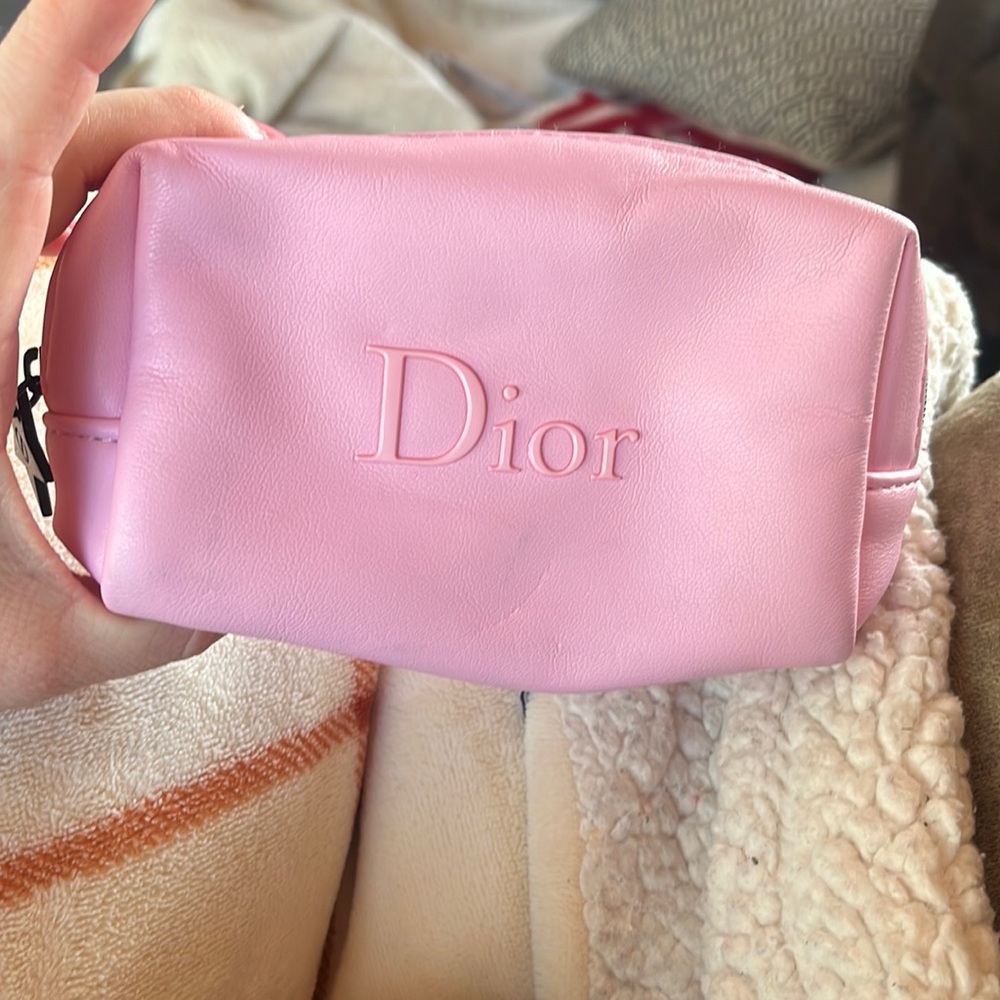 Christian Dior • Pink Embossed Dior Logo Pink Vegan Faux Leather Makeup Bag